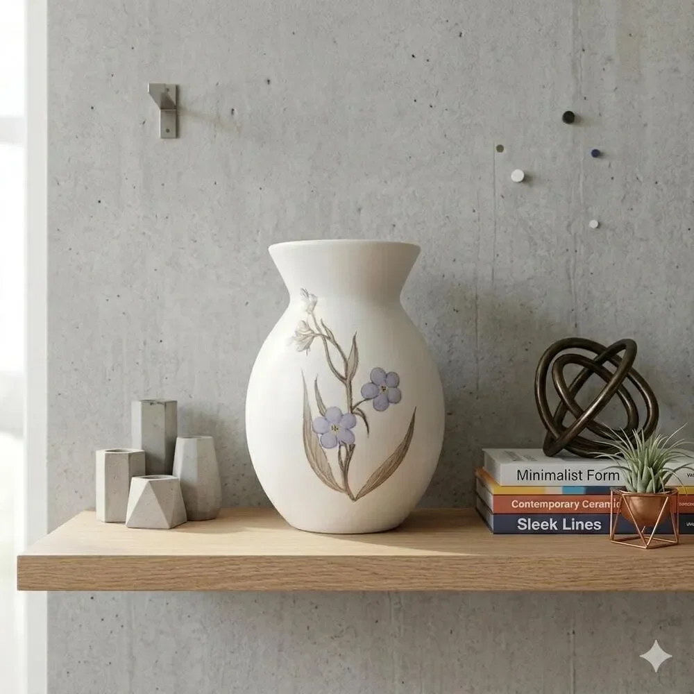 Modern Ivory & Blue Floral Vase - Upcycled Matte Ceramic with Botanical Transfer